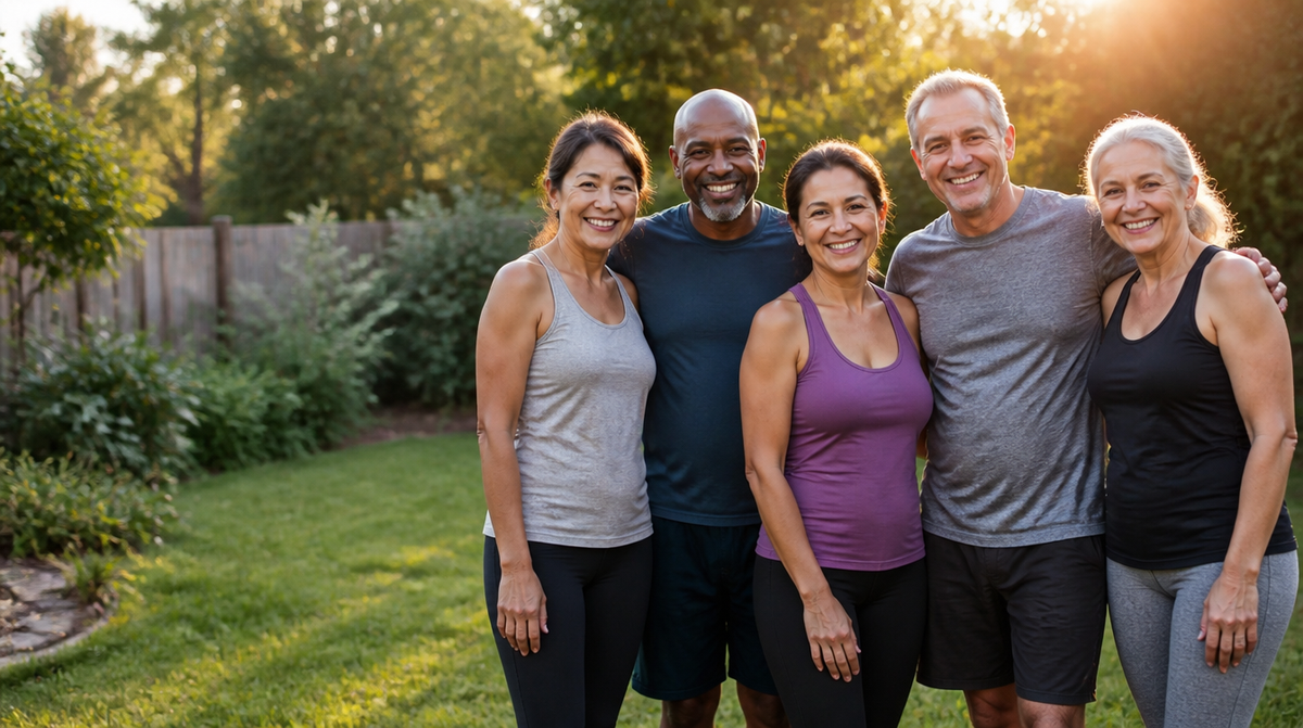 Happy adults over 40 standing together in a sunny backyard
